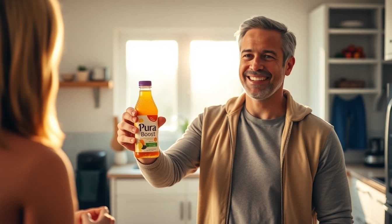 Pura Boost bottle showcased by a confident man in a bright kitchen, symbolizing vitality and health.
