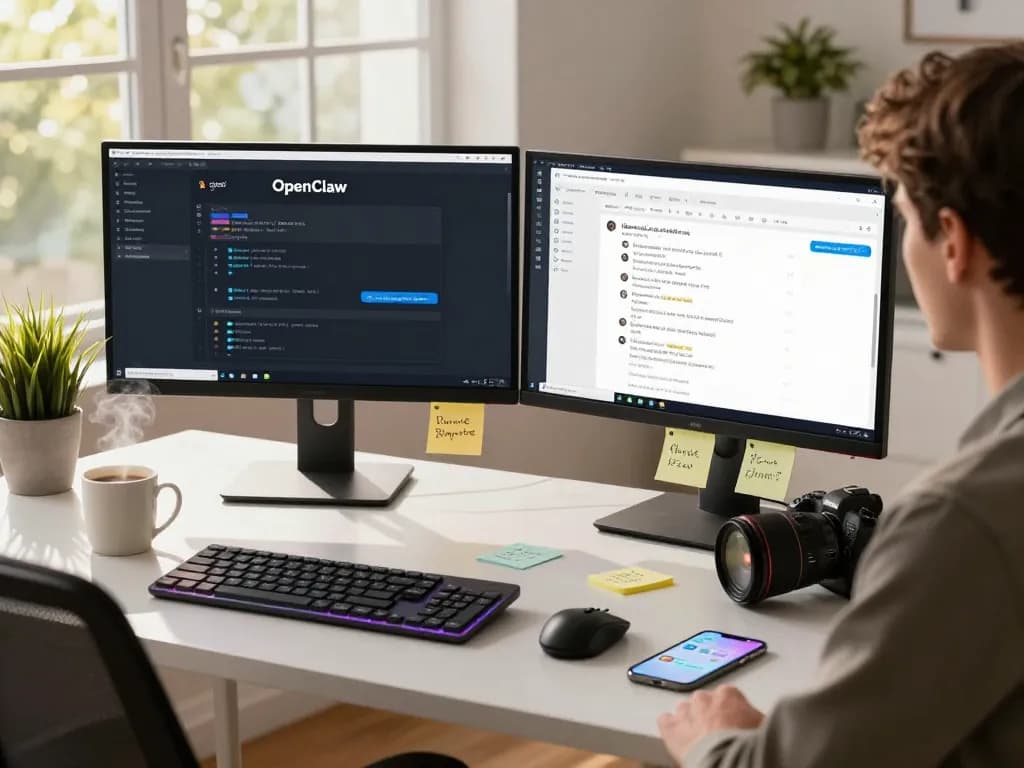 Clawbot AI assistant interface on dual monitors in a modern home office setting.