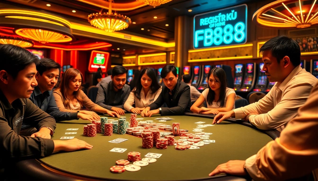 Experience the thrill of poker and Đăng Ký FB88 in a vibrant casino setting filled with excitement.