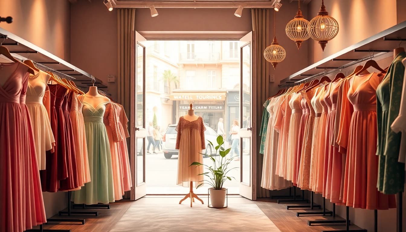 Discover exquisite women fashion on display in a stylish boutique with elegant dresses and trendy accessories.