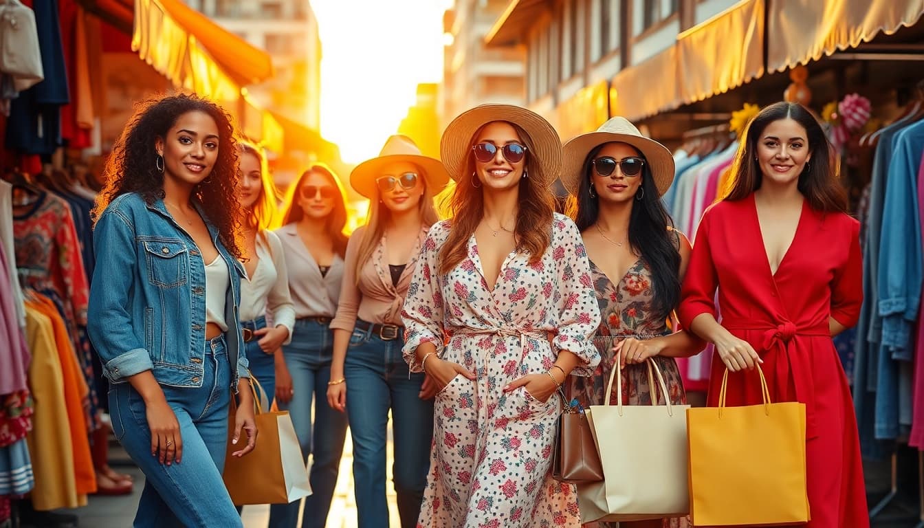A vibrant group of women showcasing stylish Women Fashion in an urban outdoor market.