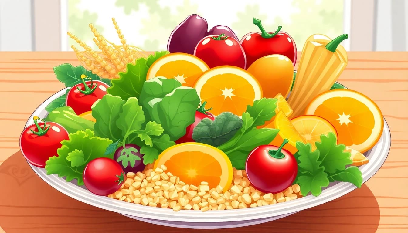 Deliciously arranged Healthy Food, showcasing fresh fruits, vibrant vegetables, and nutritious grains on a plate.