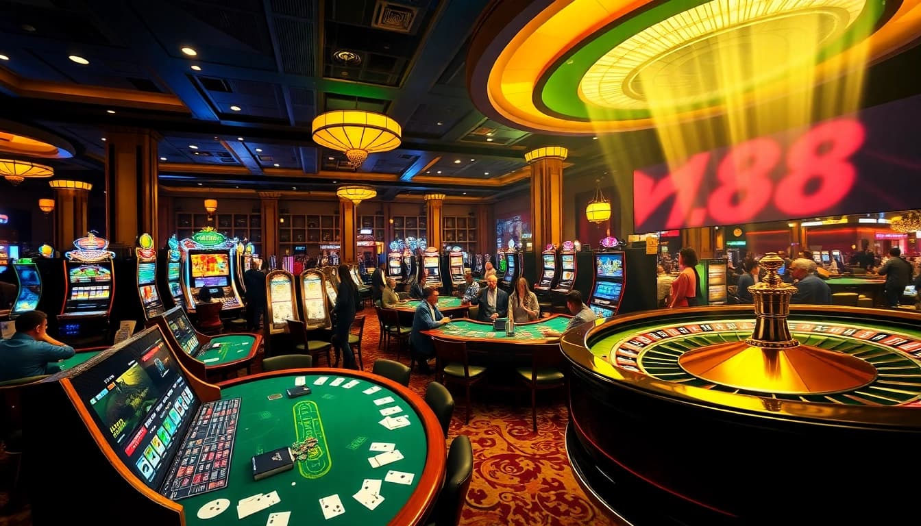 Players enjoying diverse casino games at https://rr888.video/ with vibrant slot machines and poker tables.