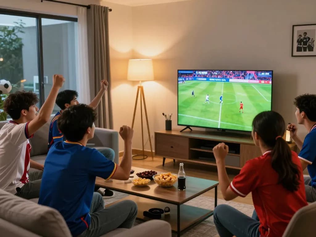 Fans enjoying Trực Tiếp Bóng Đá together, celebrating a football match in a lively living room.