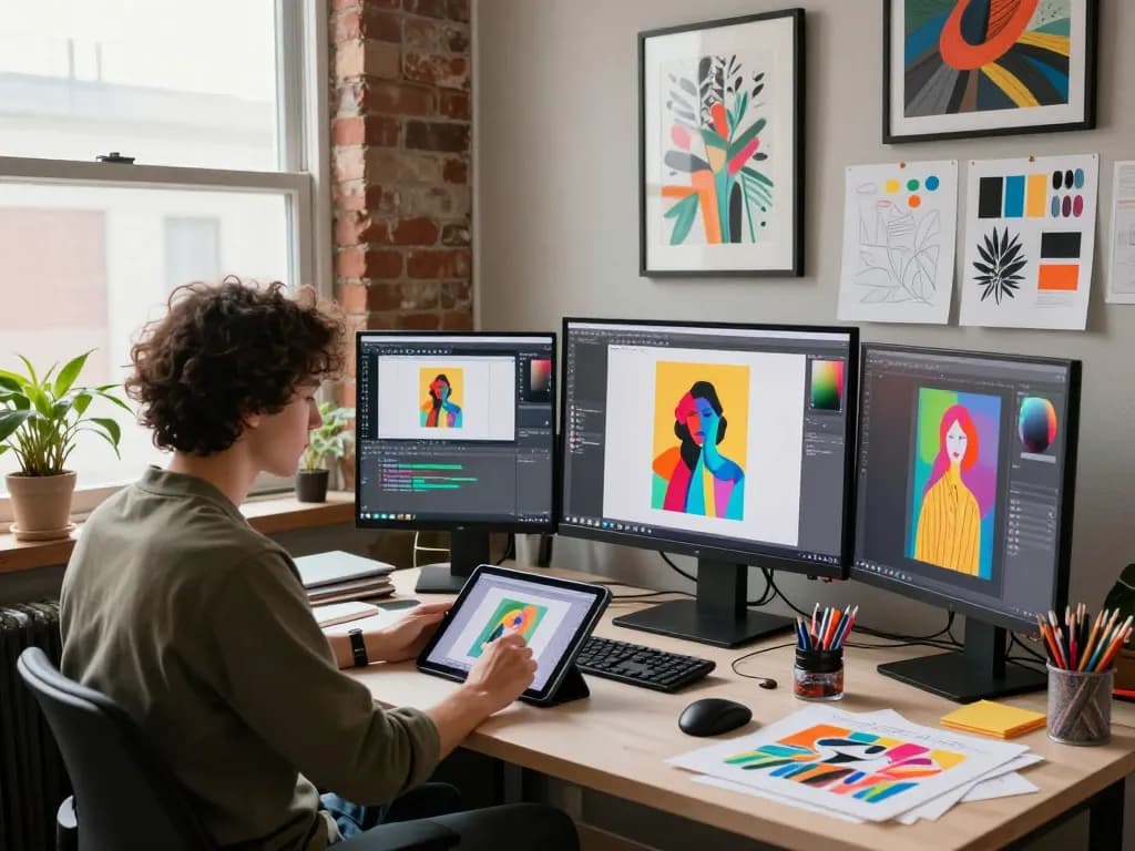 AI artist using an image to prompt tool on a tablet in a vibrant digital studio setting.