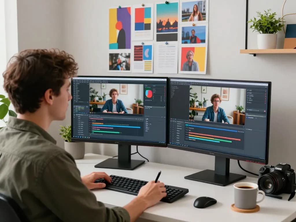 Content creator using a video to prompt ai tool in a modern digital studio.