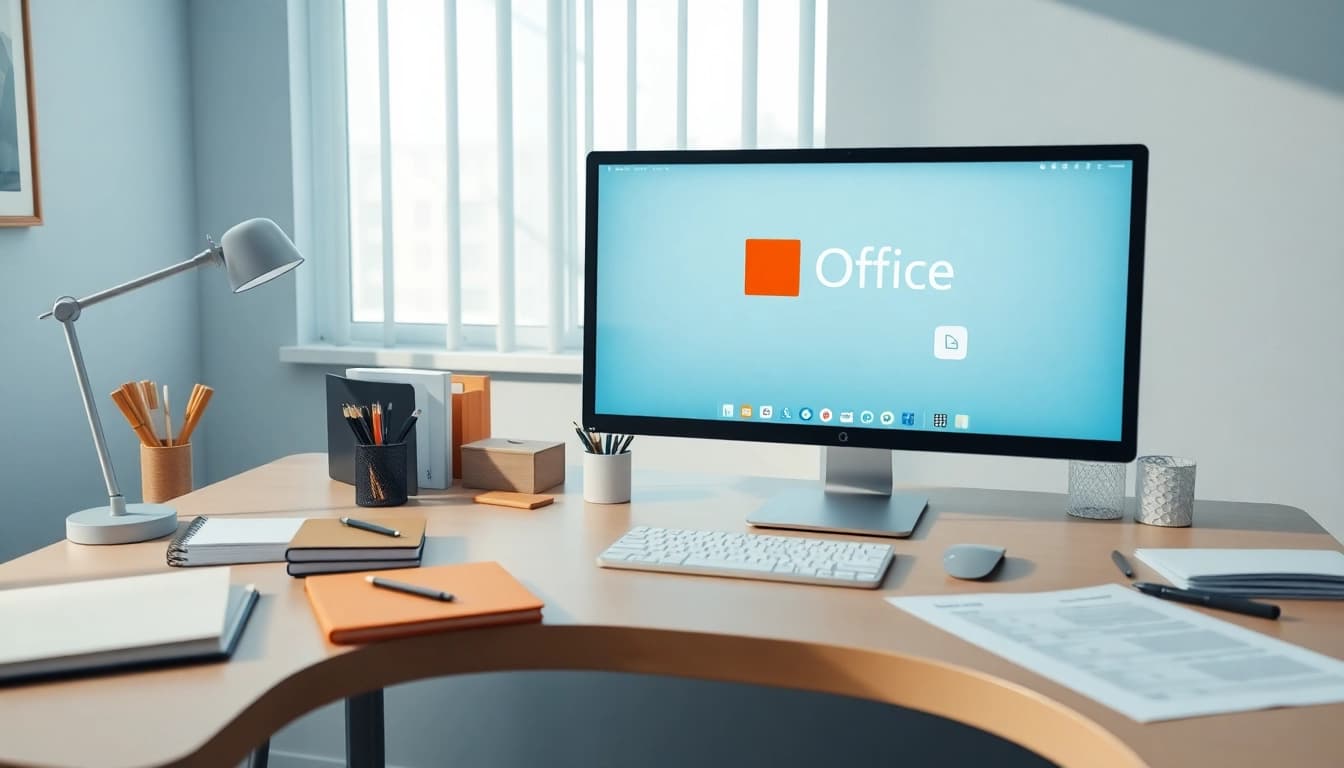 现代化办公工作区，屏幕上显示 WPS Office，桌面用品整齐有序