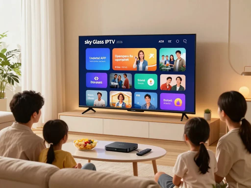 Family enjoying streaming on Sky Glass IPTV Updated APP 2026 in a cozy living room.