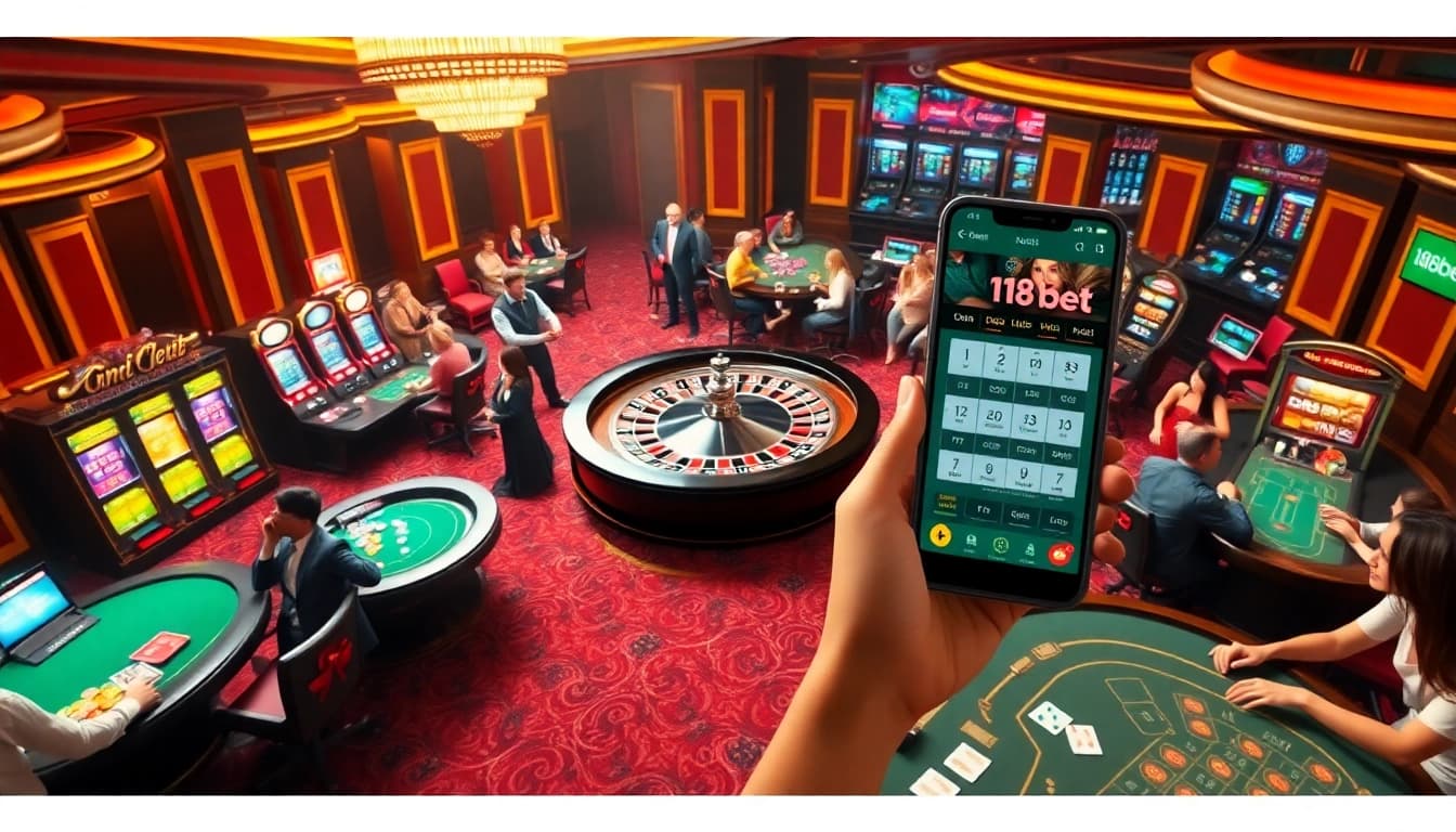 Experience the excitement of betting with the 188bet app in a vibrant casino, showcasing roulette, cards, and eager players.