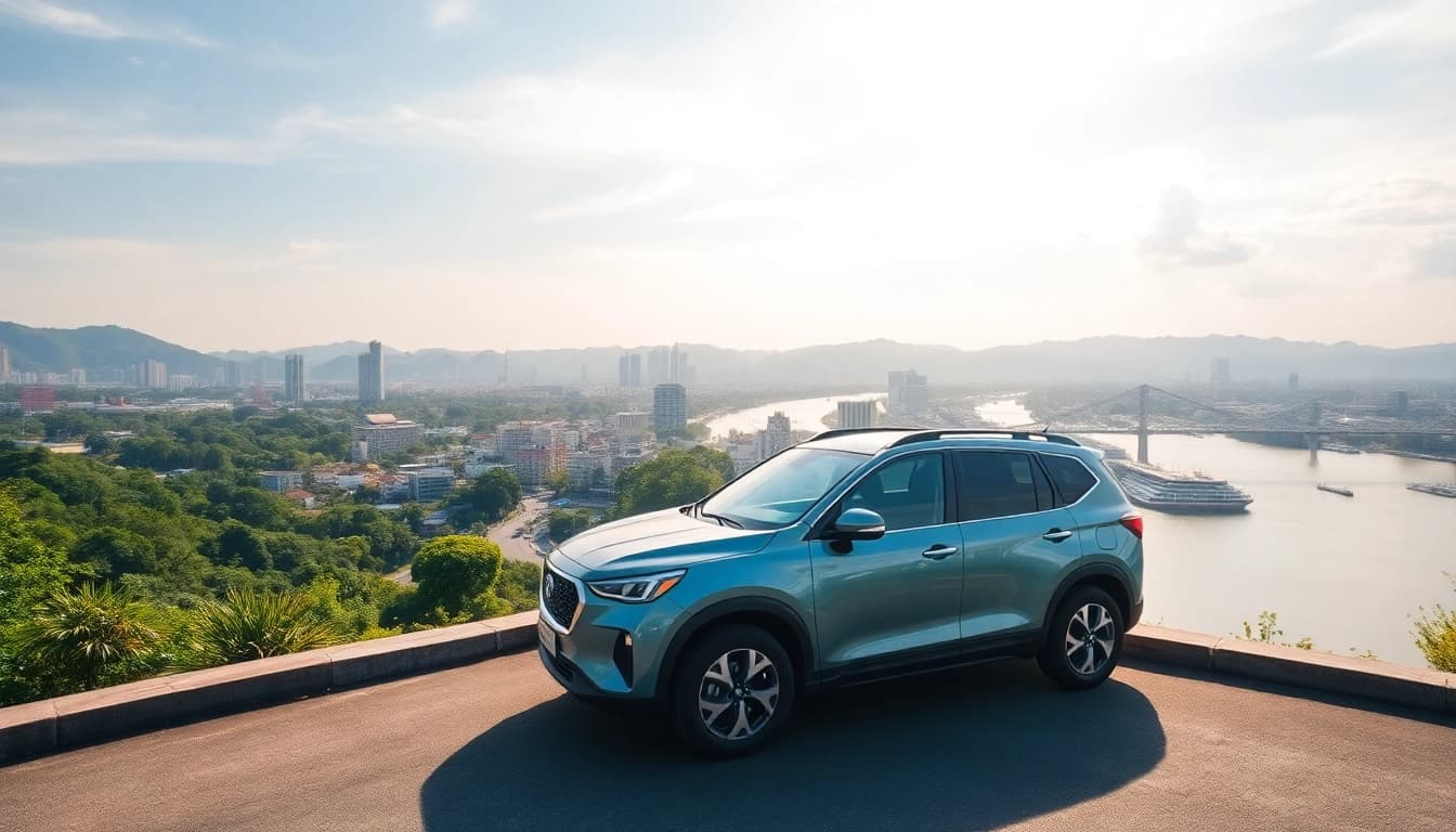 Car rental in Kuching Sarawak with a scenic backdrop of the Sarawak River and city skyline.