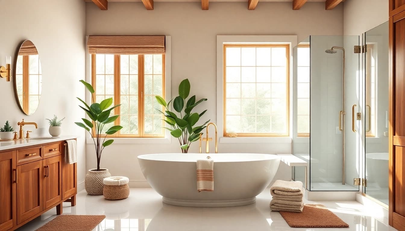A stunning bathroom remodeled by a professional bathroom remodeling contractor features a freestanding tub, natural light, and elegant decor.