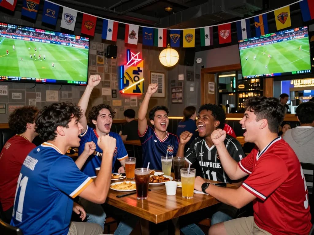 Exciting football viewing party atmosphere at luongson117.tv with fans cheering and celebrating in vibrant sports bar setting.