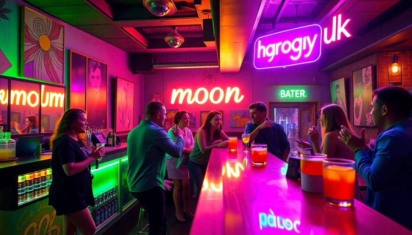 Experience the vibrant nightlife at moonbarguy uk with friends enjoying cocktails.