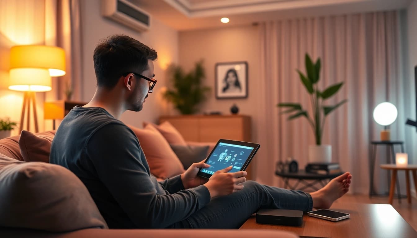 Engaging scene of a person using an AI chatbot for intimate ai sex chat in a cozy living room setting.