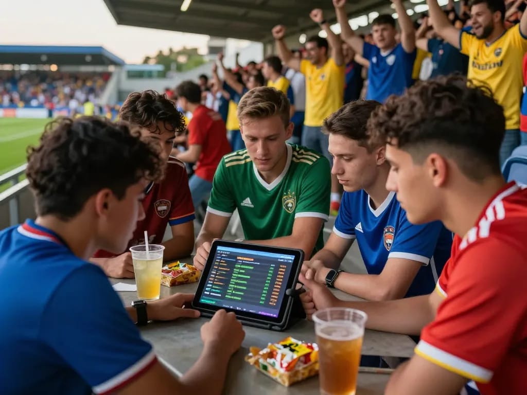 Engaged friends analyzing betting odds on communicate.com.mx while watching an exciting soccer match in a lively stadium.