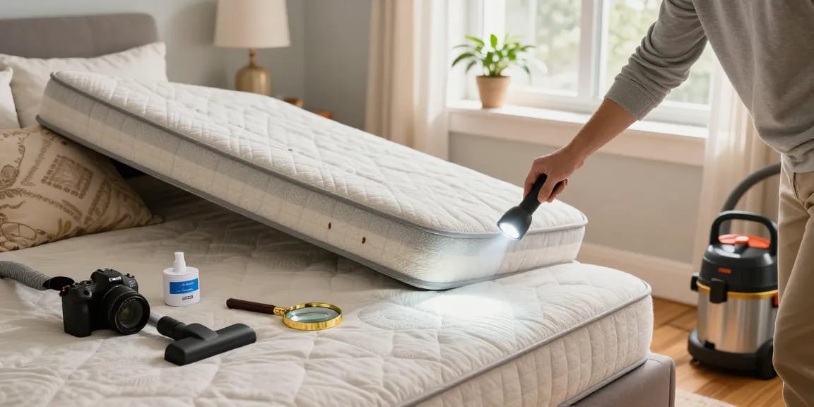 Detailed inspection for bed bug pest control in a cozy bedroom with natural light