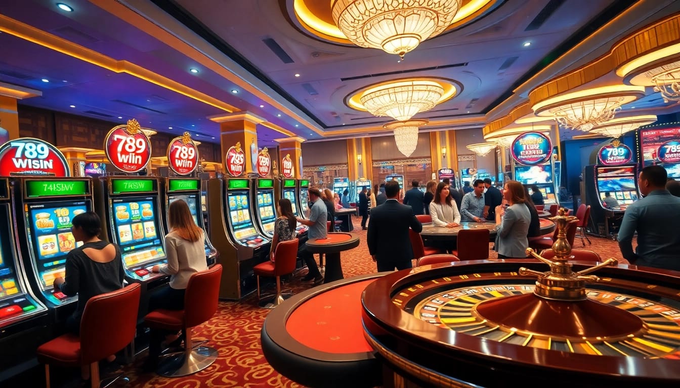 Exciting gaming atmosphere at 789win casino with slot machines and roulette tables.