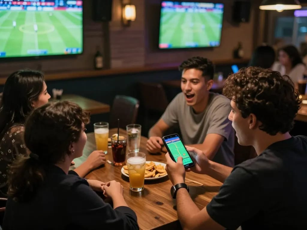 Excited betting moment with smartphone app displaying tỷ lệ kèo trực tuyến during live soccer match.