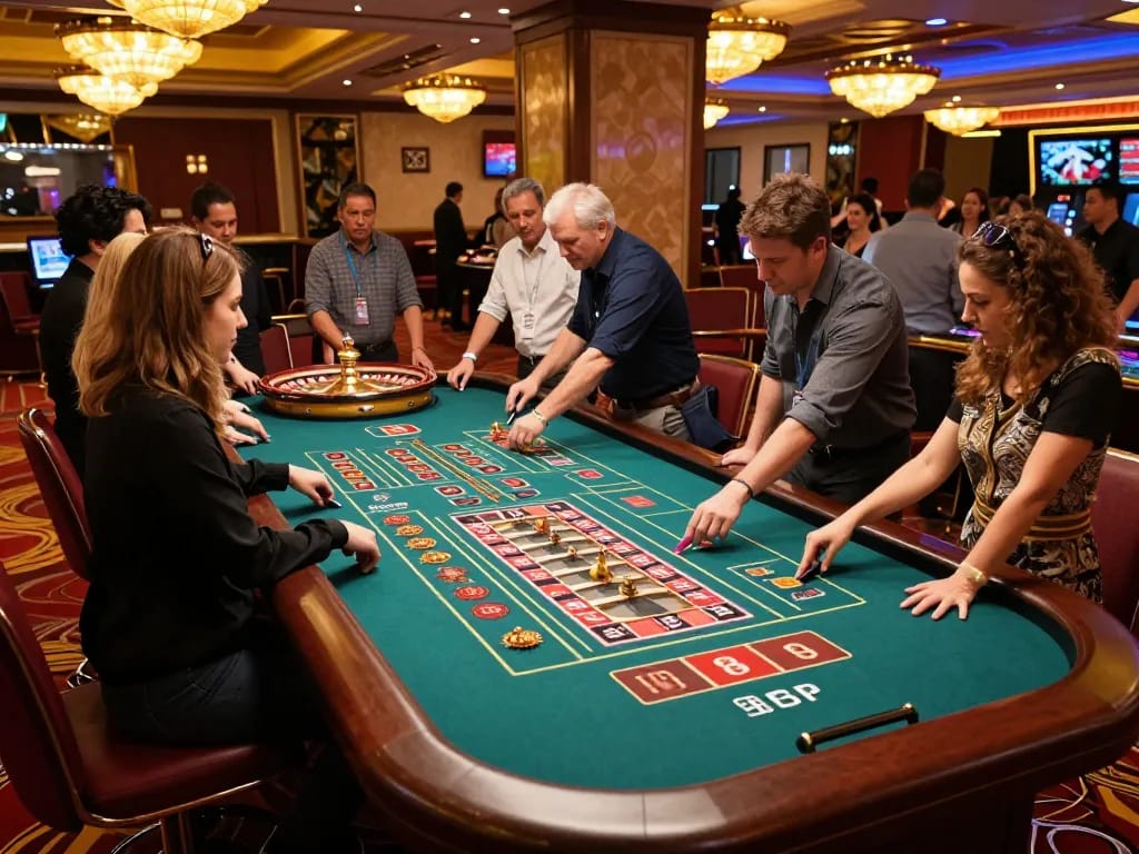 Players experiencing excitement at the roulette table in KO66 com, showcasing dynamic gameplay.