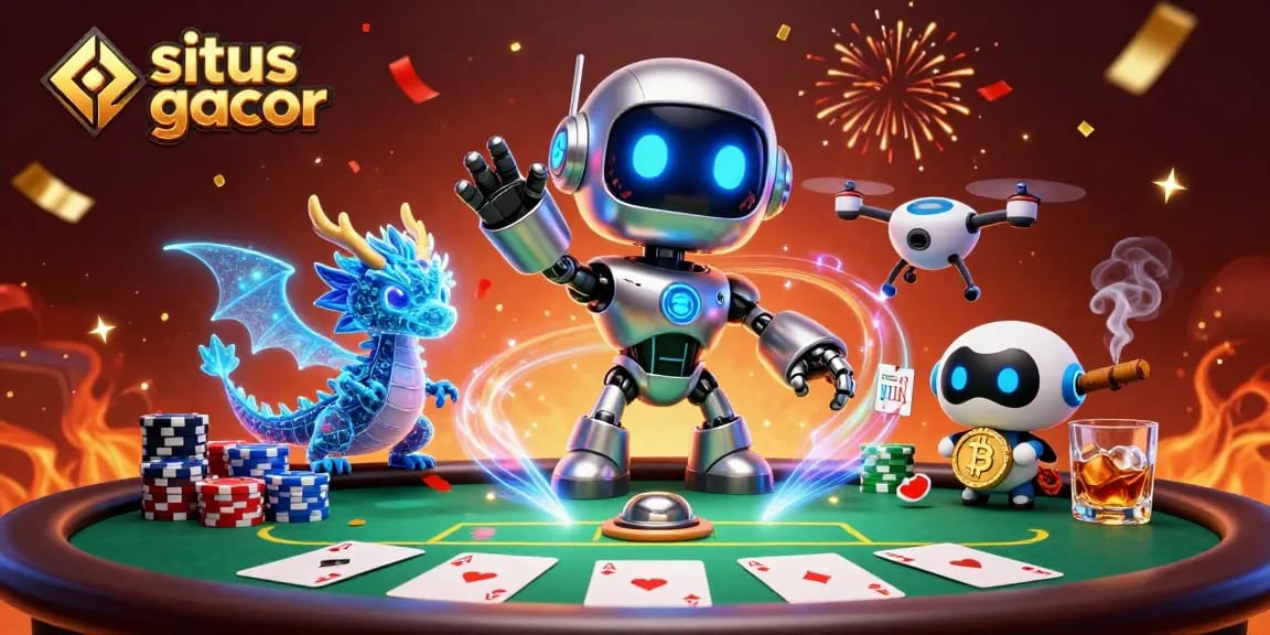 Experience the excitement of situs gacor with vibrant casino elements and dynamic characters in this 3D illustration.