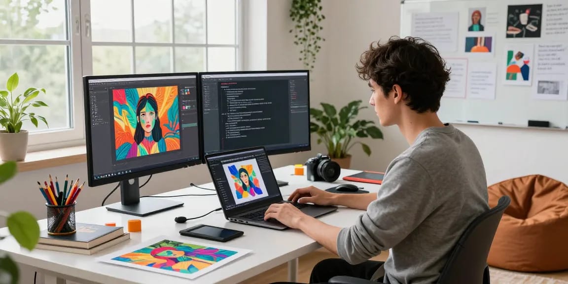 Workspace of a digital artist using an image to prompt generator, with vibrant art displayed.