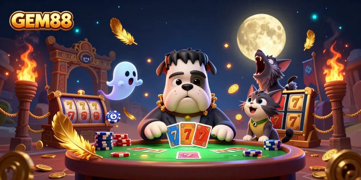 Experience the excitement of GEM88 with a Frankenstein bulldog dealer, spooky table, and gold moon elements.