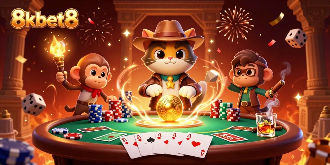 Engage with thrilling slots and poker action in this vibrant 8kbet8 casino scene, filled with ornate details.