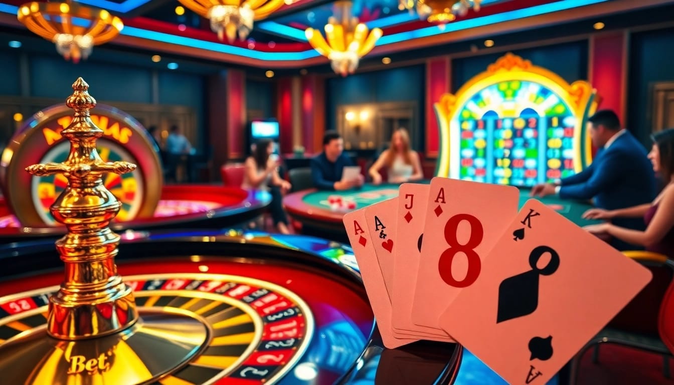 Exciting casino scene depicting players engaging in games while showcasing bet 88 chips and cards.