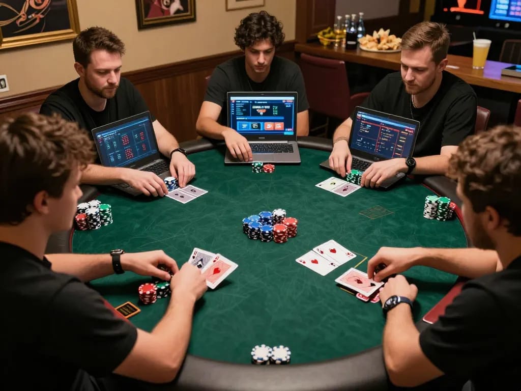KK55 players engaged in an online poker game showcasing strategic gameplay and vibrant chips.
