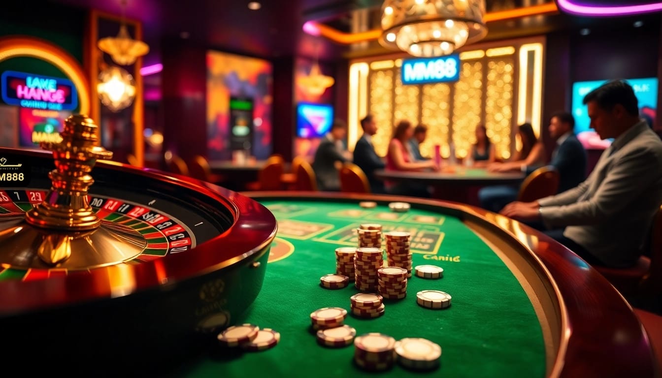 MM88 online casino interface showcasing poker chips and roulette wheel in a luxurious setting.