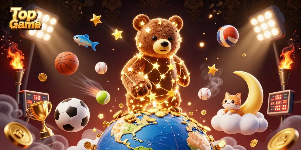 Experience Top Game excitement with a dynamic 3D illustration of a constellation bear and sports elements.