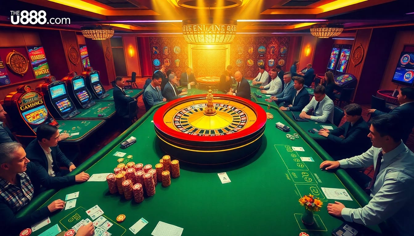Casual players enjoying a gaming session at u888.com with vibrant poker tables and slot machines.