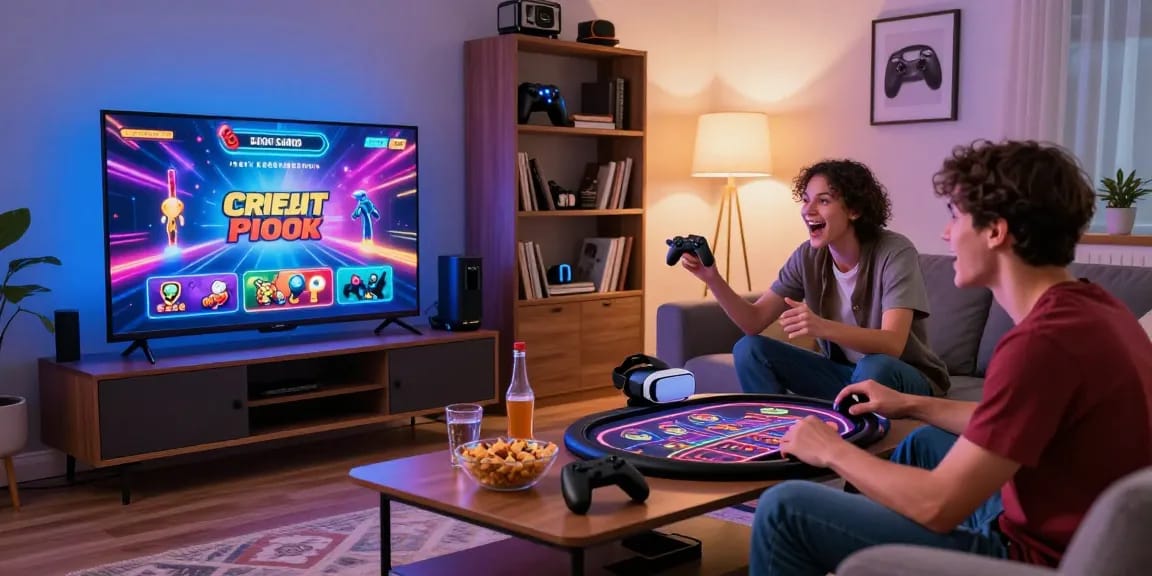 Excited friends enjoying online gaming at a credit card casino on https://transact.org.uk with snacks and atmospheric lighting.