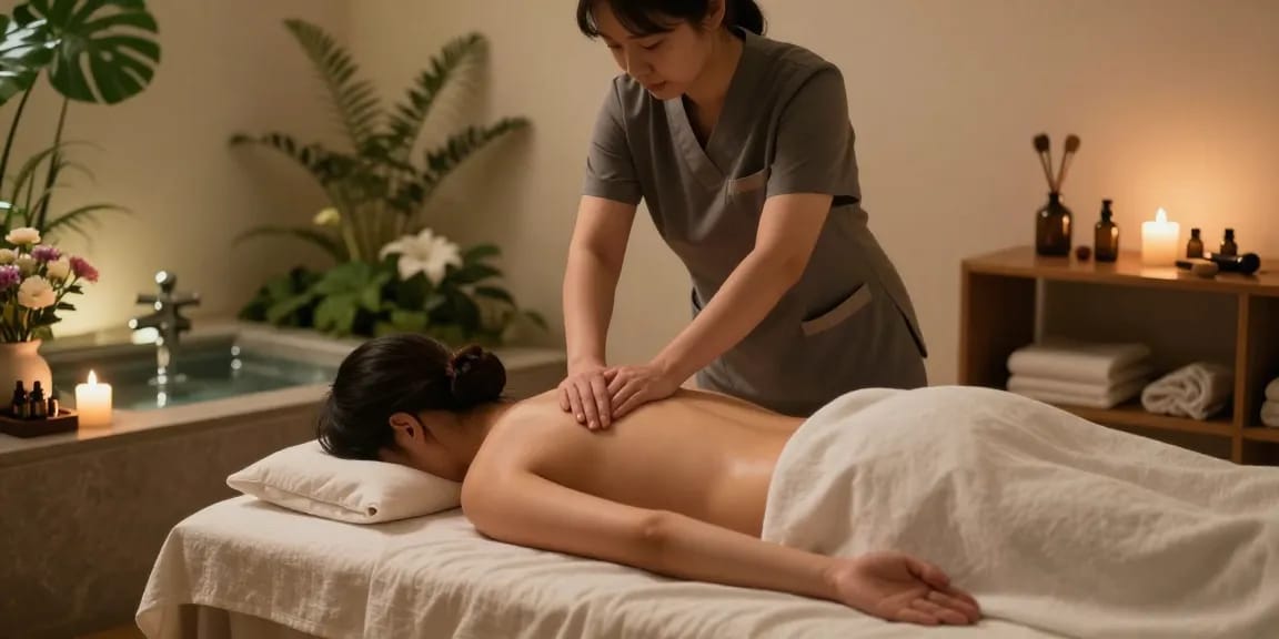 경기광주출장안마 massage therapy scene in a relaxing spa environment with essential oils and calming ambiance.