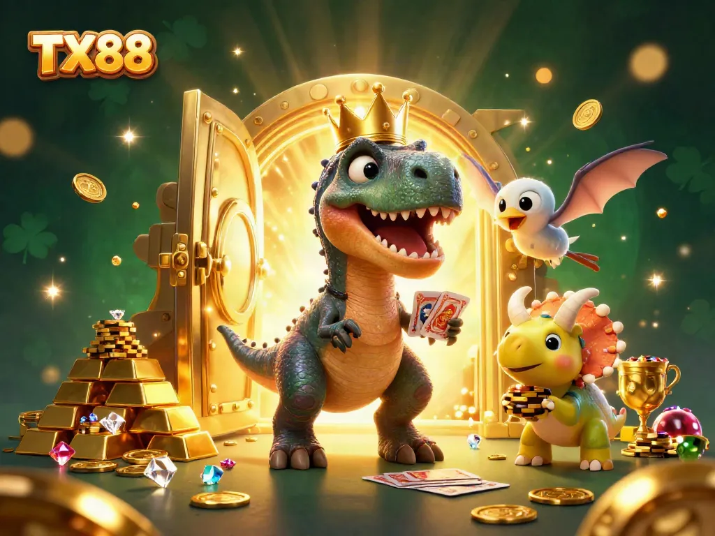 TX88 showcases thrilling gambling interaction as a T-Rex shuffles cards, enhancing the casino experience.