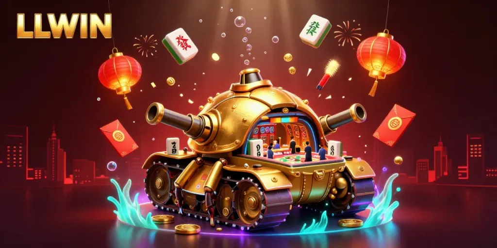 Engage with LLWIN's vibrant 3D casino scene, featuring a massive golden beetle tank as a centerpiece.