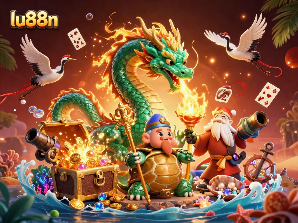 Join the excitement of lu88n with a breathtaking 3D casino illustration featuring dragons and lucky symbols.