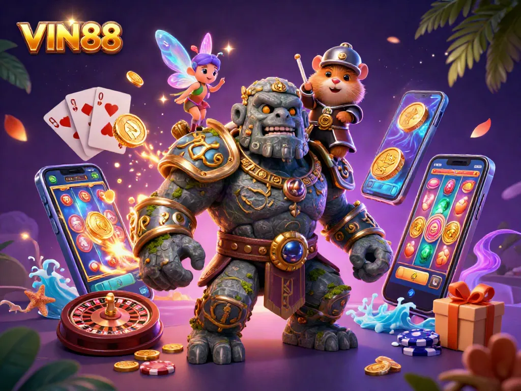 Engage with the vibrant world of VIN88, showcasing a magical scene with a golem, fairy, and hamster knight amidst casino elements.