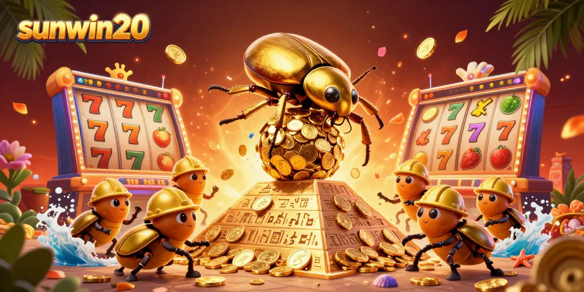 Experience excitement with sunwin20 as a golden beetle rolls a jackpot of coins, showcasing vibrant slot elements.