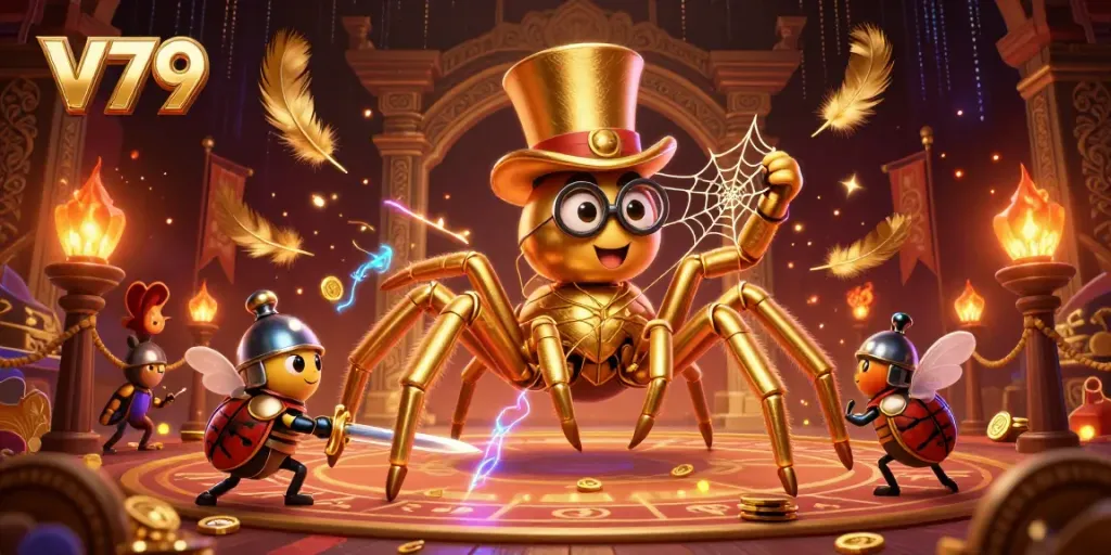 Engage with V79's vibrant casino scene featuring a golden tarantula weaving golden thread and a beetle knight hero.