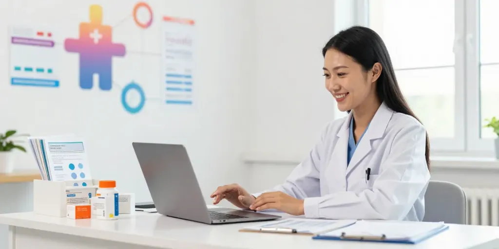 Pharmacy Weight Loss consultation with pharmacist and patient, online health services in a modern medical setting.