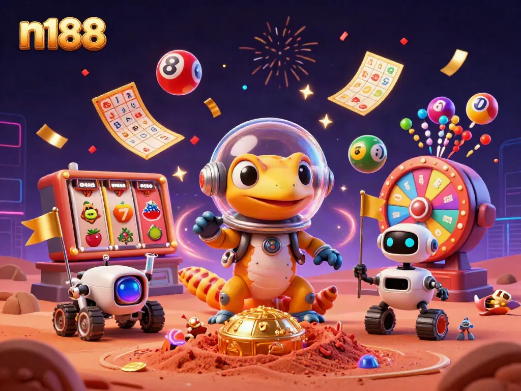 Experience the excitement of n188 with a Martian gecko discovering a golden casino amidst vibrant gambling elements.