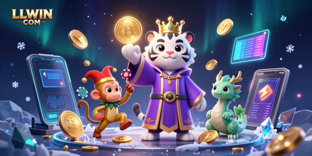 Experience the thrilling atmosphere of LLWIN COM with vibrant characters and crypto elements in a casino setting.