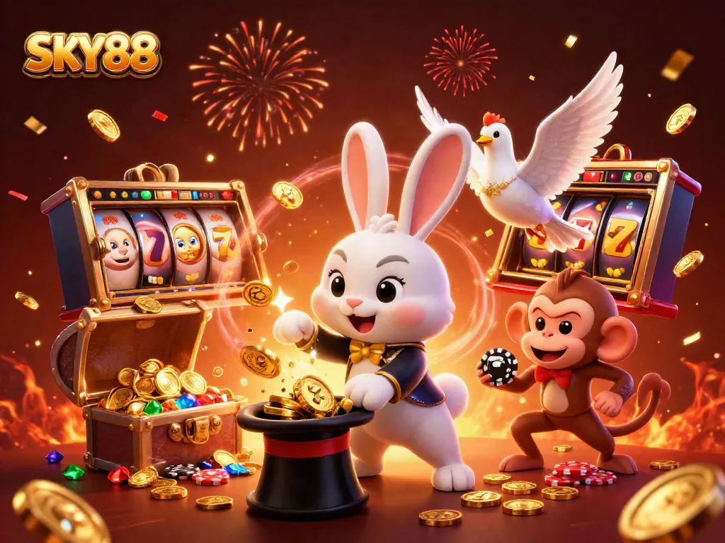 Experience the excitement of SKY88 with magical casino elements and vibrant characters.