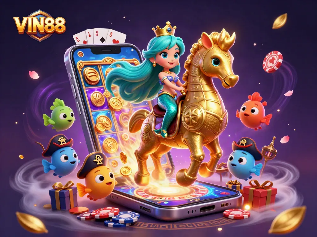 Experience VIN88 with vibrant 3D casino elements, mermaid, and seahorses in action.