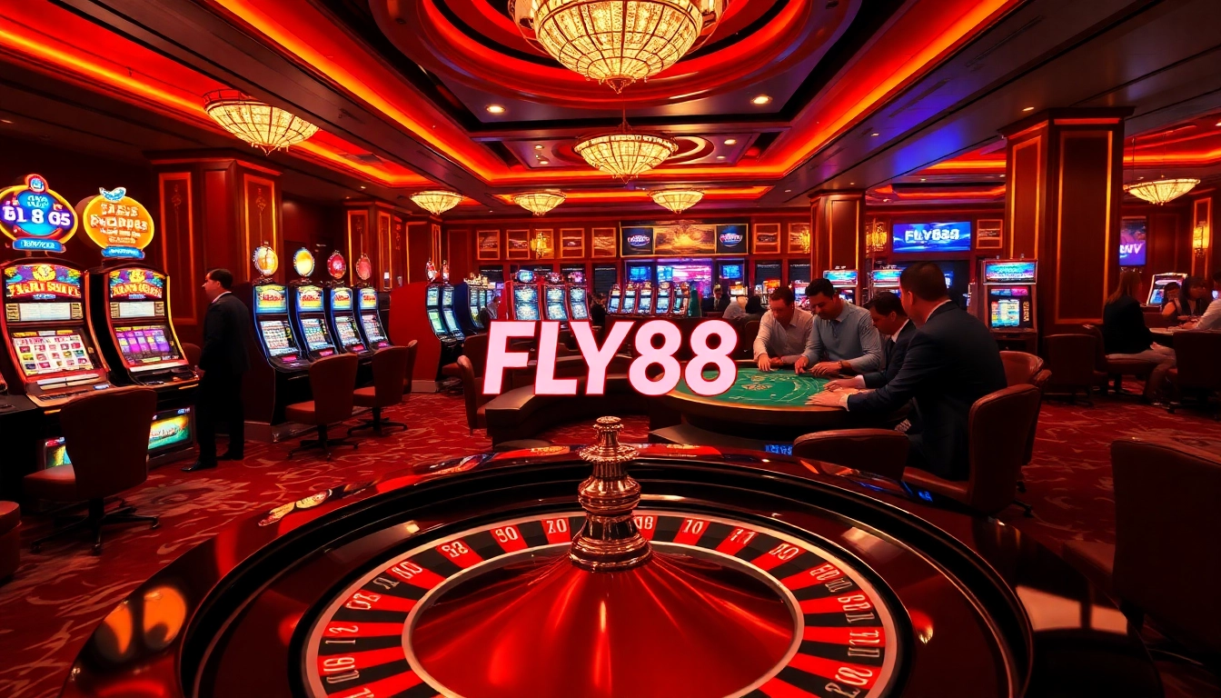 Exciting FLY88 casino scene showcasing a roulette table, slot machines, and poker gameplay.
