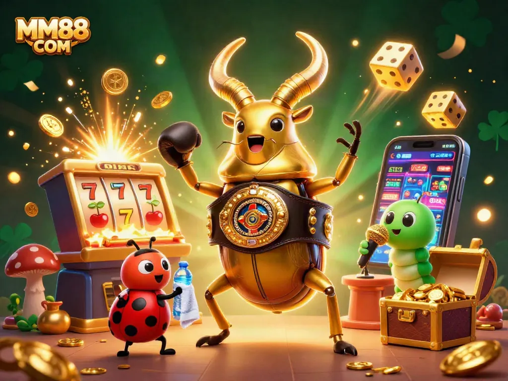 Witness the electric action of MM88 COM with a golden stag beetle boxing champion scene bursting with casino excitement.