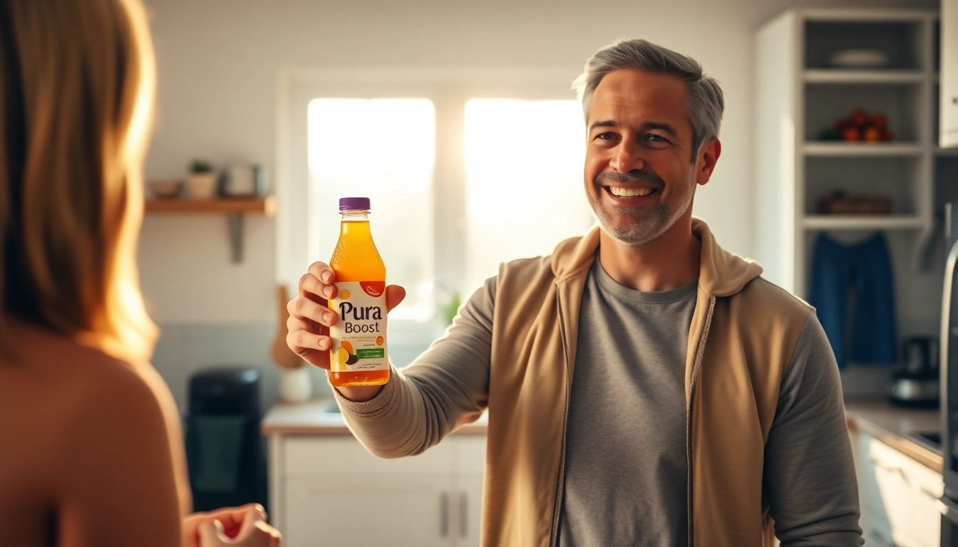 Pura Boost bottle showcased by a confident man in a bright kitchen, symbolizing vitality and health.