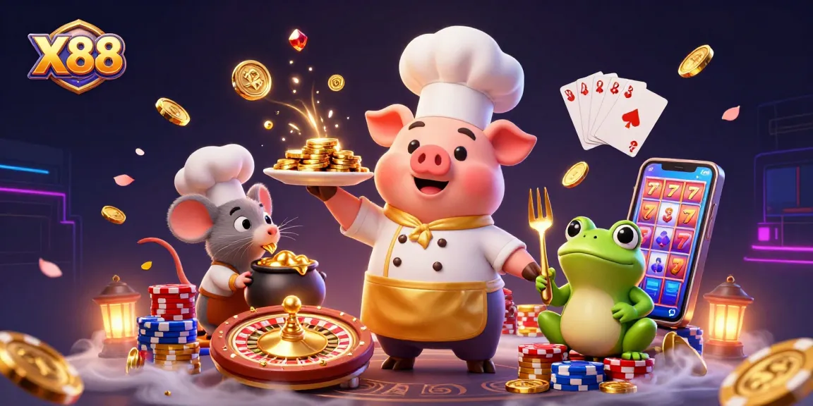 X88 brings excitement with gourmet gold coins in a 3D casino illustration featuring a chef pig, a mouse, and a frog.