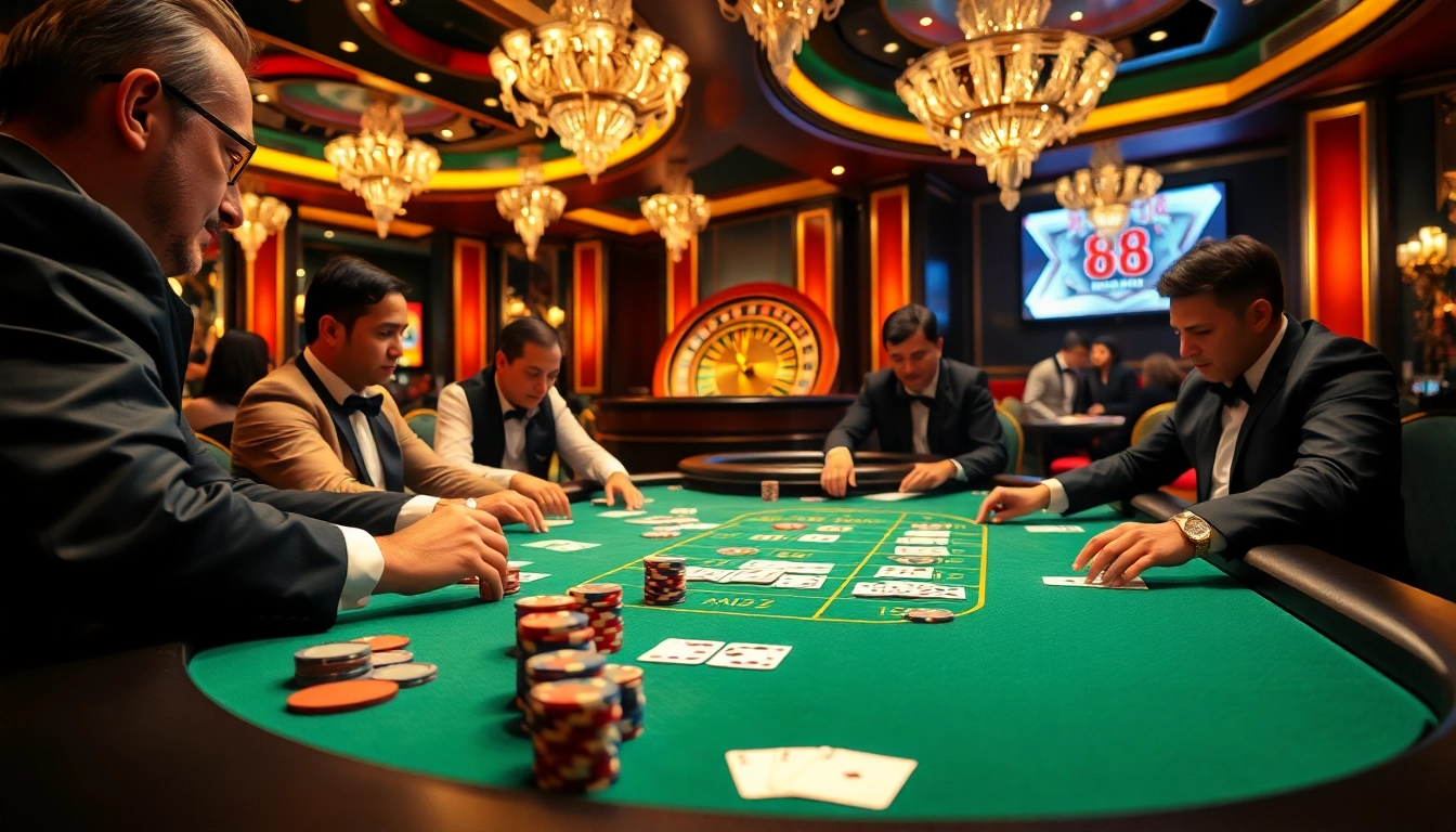 Players enjoying a thrilling game at the 88i casino table filled with cards and chips.